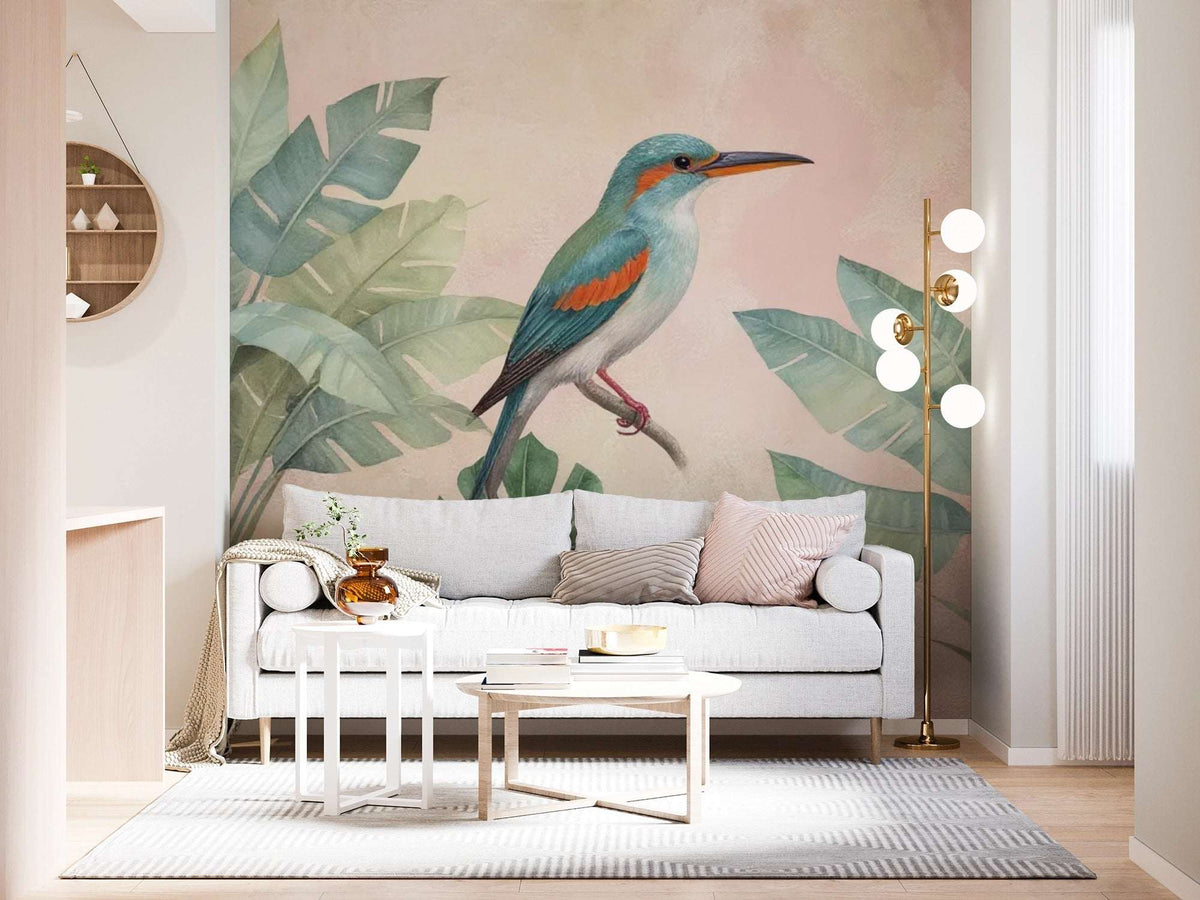 Tropical wall mural in living room – peel and stick jungle botanical wallpaper 2026