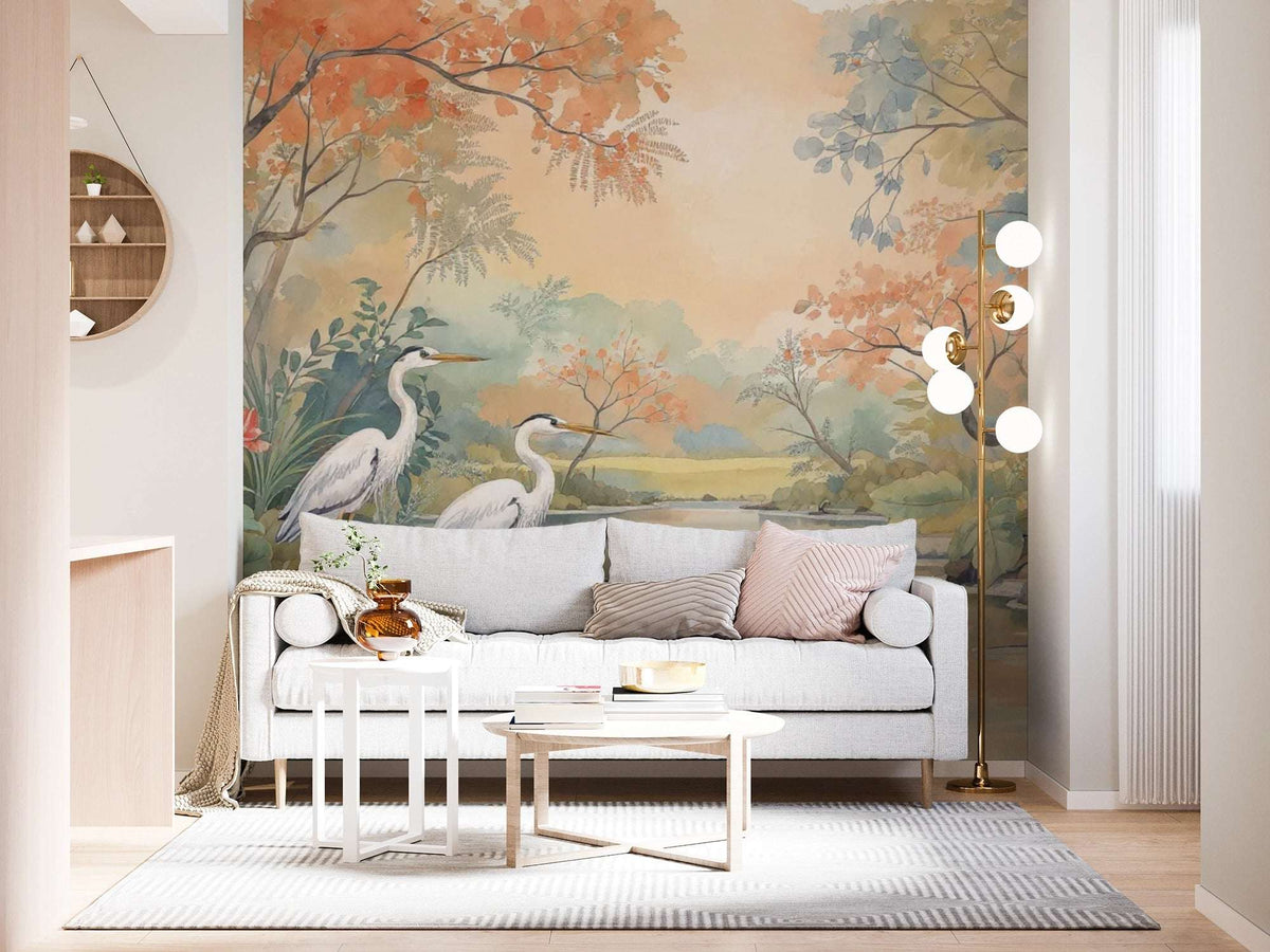 Modern living room with large scale wall mural accent wall – peel and stick wallpaper ideas 2026