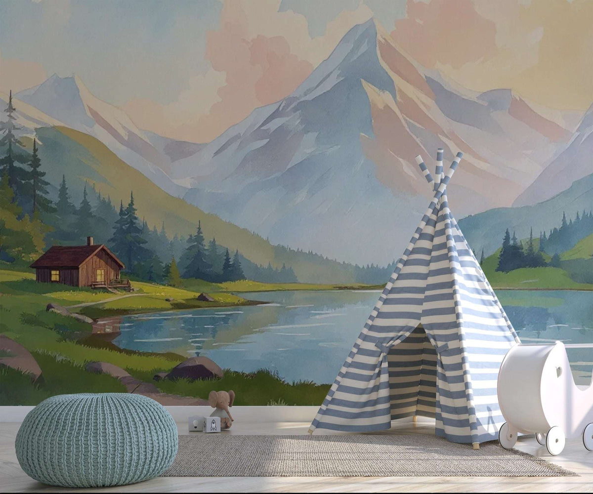 Elegant bedroom with mountain landscape wall mural – peel and stick bedroom wallpaper ideas 2026