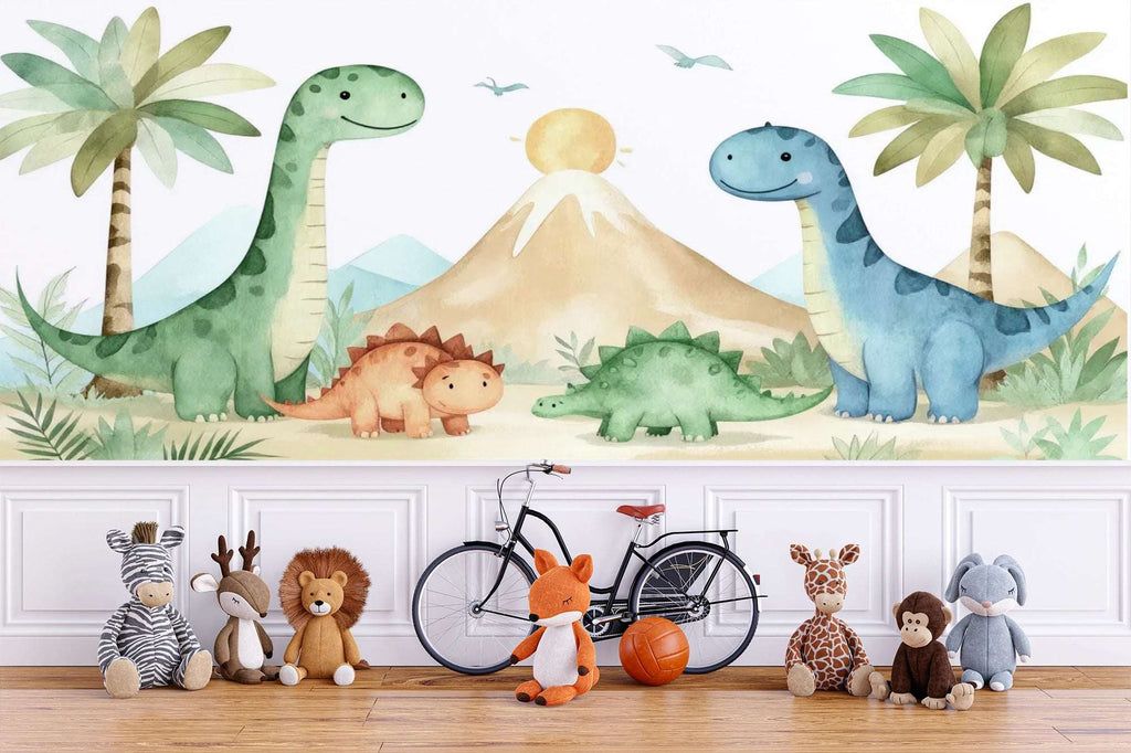 Watercolor Dinosaur Nursery Wallpaper - Friendly Dino Land Wallpaper