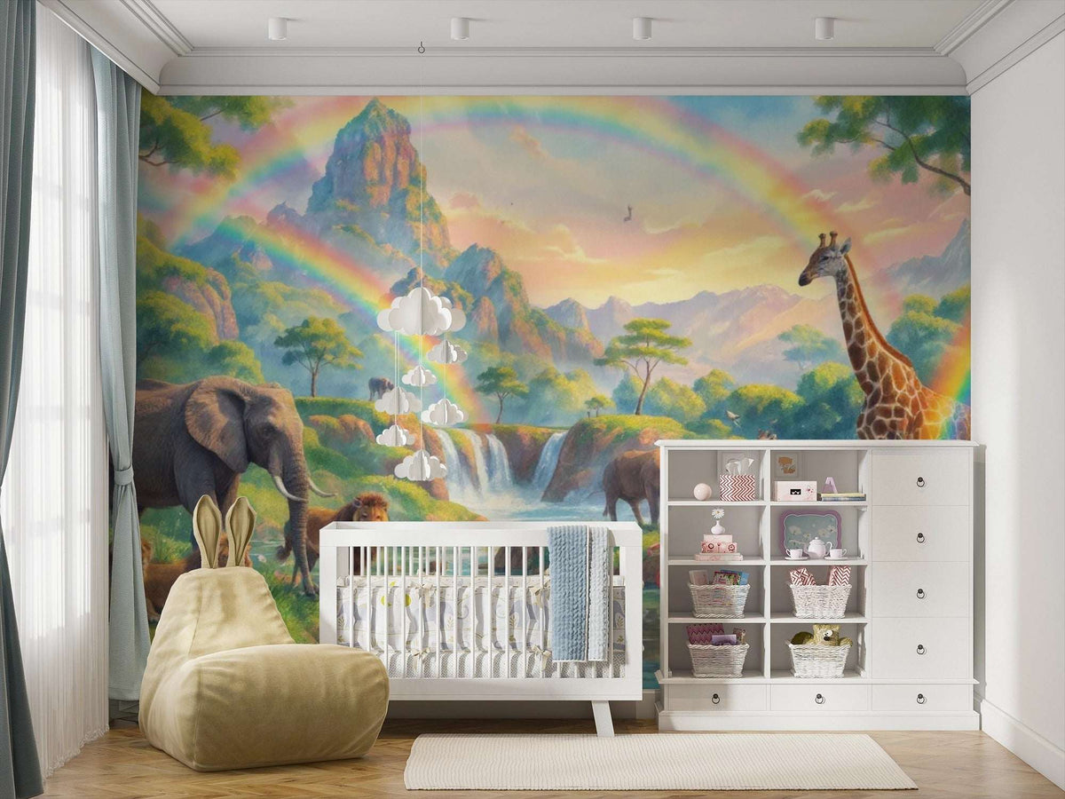 Safari Rainbow Wall Mural - African Animals Nursery Wallpaper
