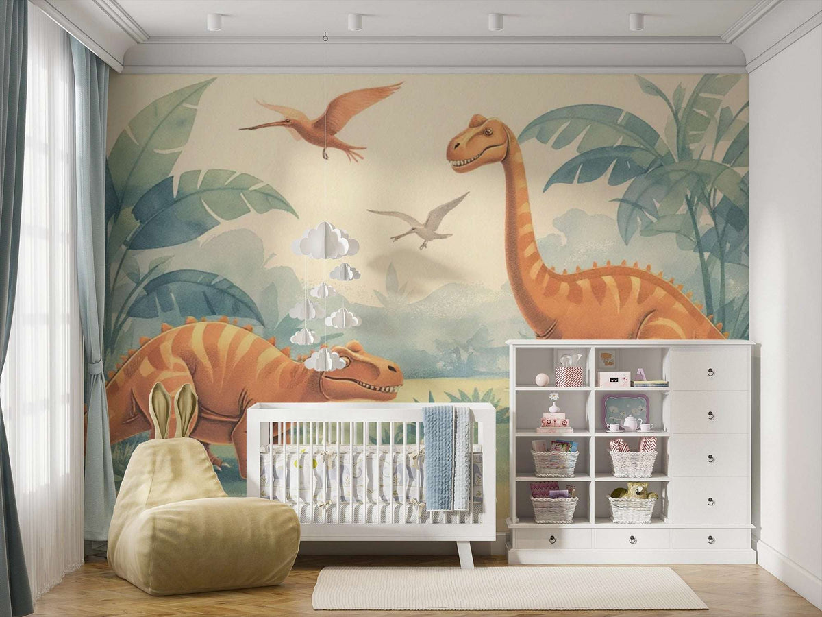 Playful Dinosaur Wall Mural - Dino Friends Nursery Wallpaper