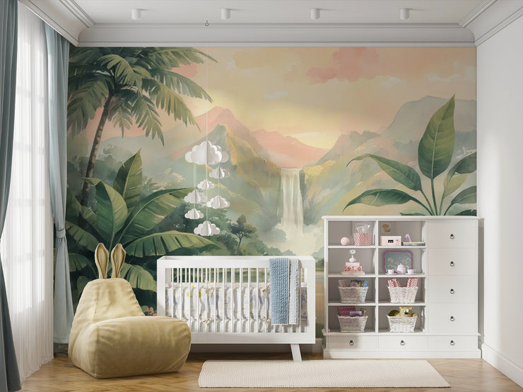 Tropical Paradise Wall Mural for Kids Room - Watercolor Jungle & Waterfall Wallpaper - Wallmotif.com