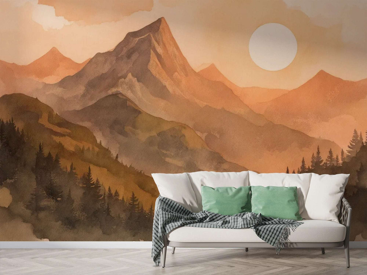 Warm Mountain Sunset Wall Mural - Cozy Nature Decor