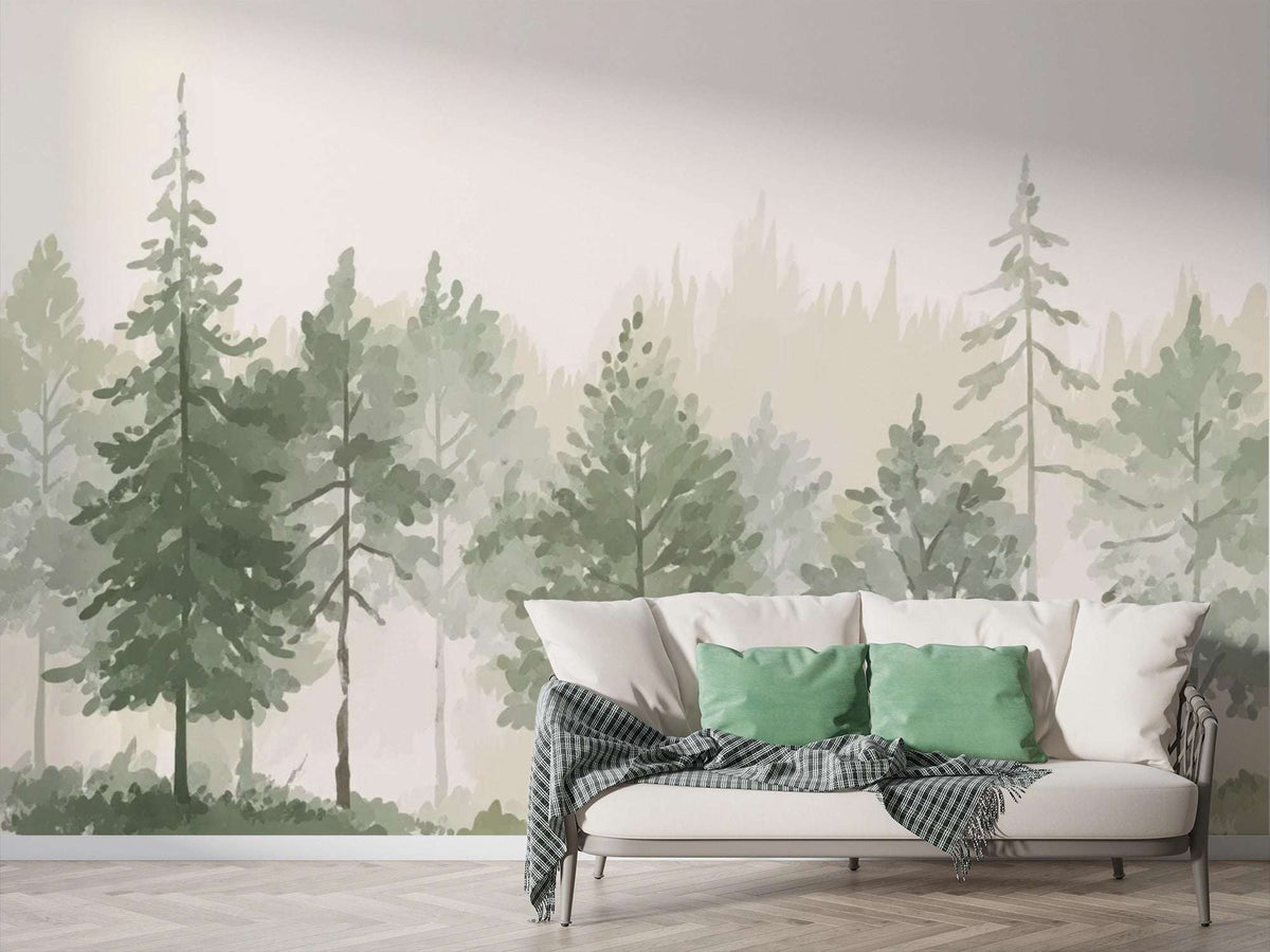 Watercolor Forest Mural Wallpaper - Pine Tree Landscape