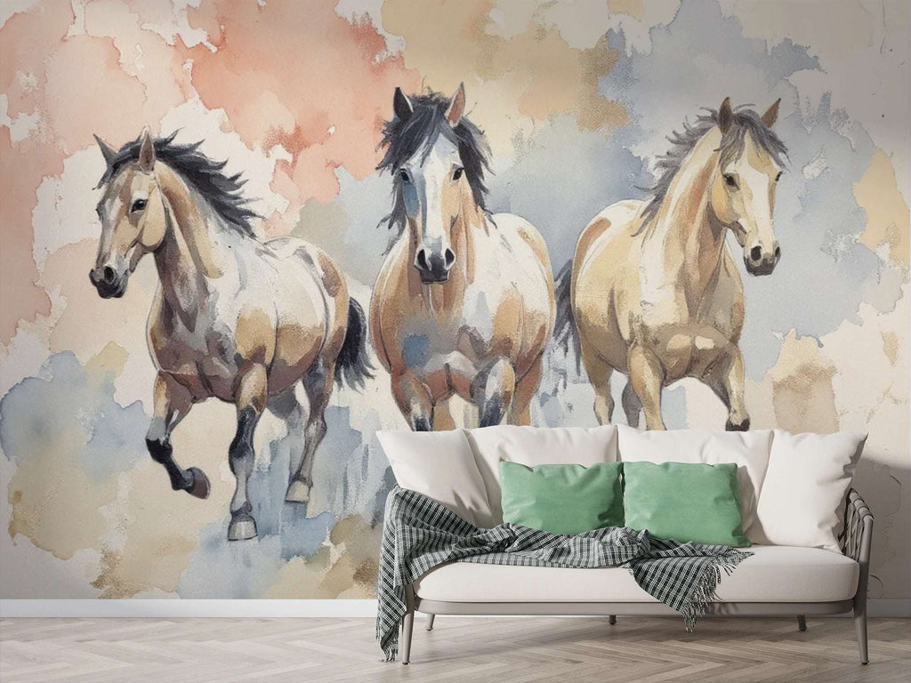 Wild Horses Watercolor Mural Wallpaper - Rustic Ranch Horse Themed Wallpaper