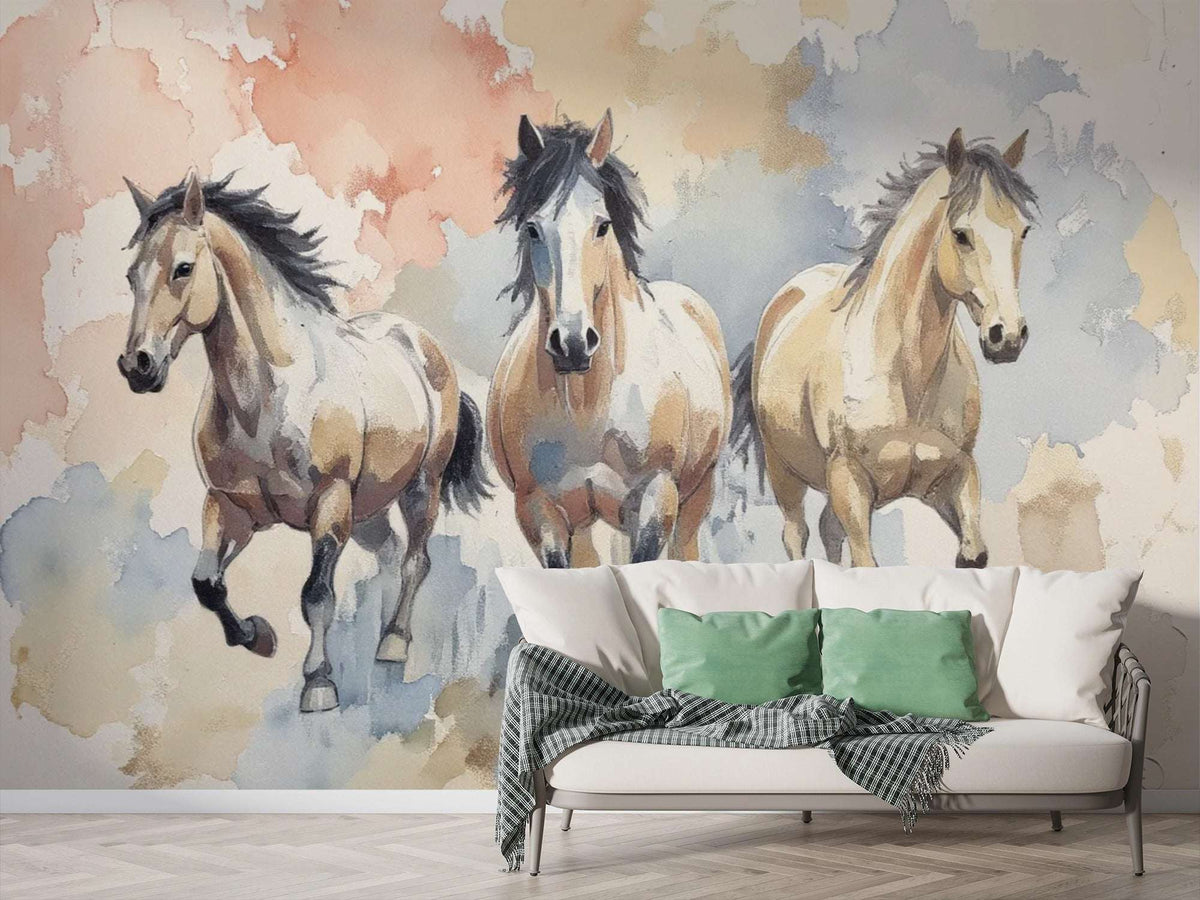 Wild Horses Watercolor Mural Wallpaper - Rustic Ranch Horse Themed Wallpaper