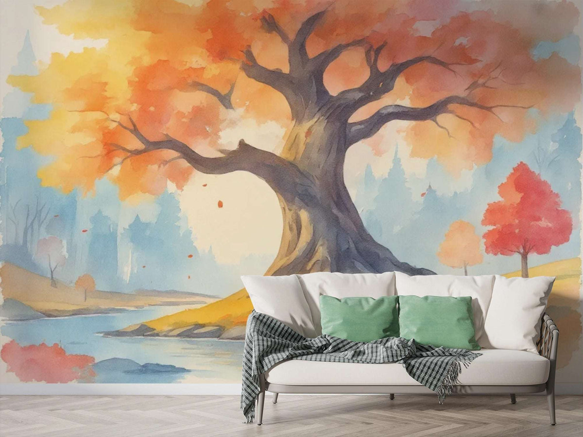 Watercolor Autumn Tree Wall Mural - Large Autumn Tree Mural Wallpaper