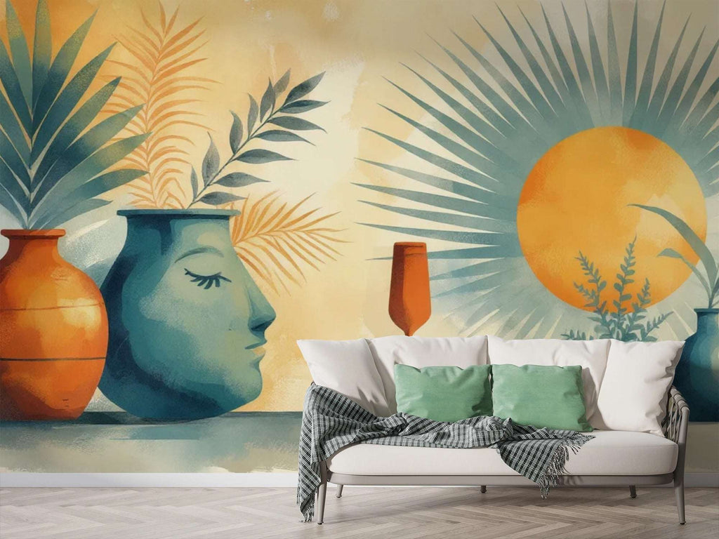 Abstract Bohemian Wall Mural - Serene Face & Sun Art Wallpaper