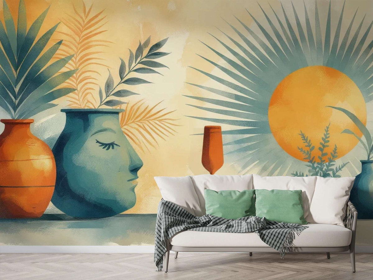 Abstract Bohemian Wall Mural - Serene Face & Sun Art Wallpaper