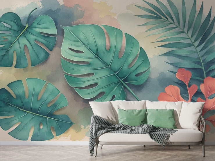 Tropical Leaves Watercolor Mural Wallpaper - Jungle Oasis Botanical Wallpaper - Wallmotif.com