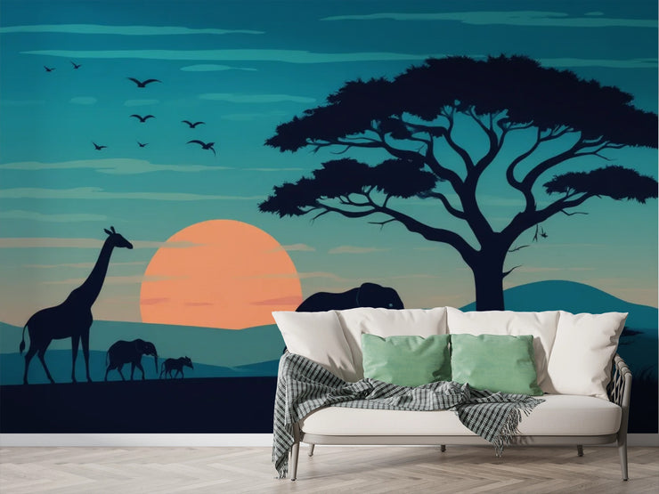 Twilight African Safari Wallpaper Mural - Sunset Giraffe Elephant Wall Art - Wallmotif.com