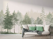 Watercolor Forest Mural Wallpaper - Pine Tree Landscape - Wallmotif.com