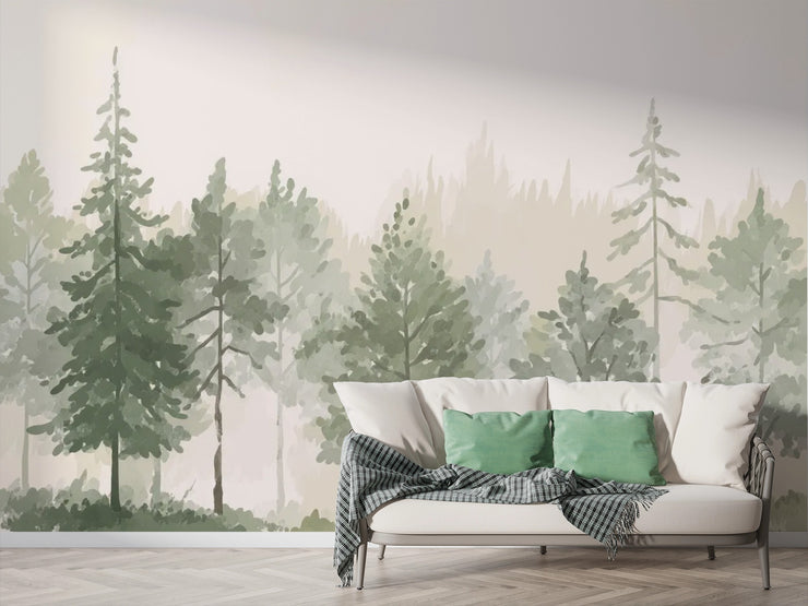 Watercolor Forest Mural Wallpaper - Pine Tree Landscape - Wallmotif.com
