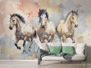 Wild Horses Watercolor Mural Wallpaper - Rustic Ranch Horse Themed Wallpaper - Wallmotif.com