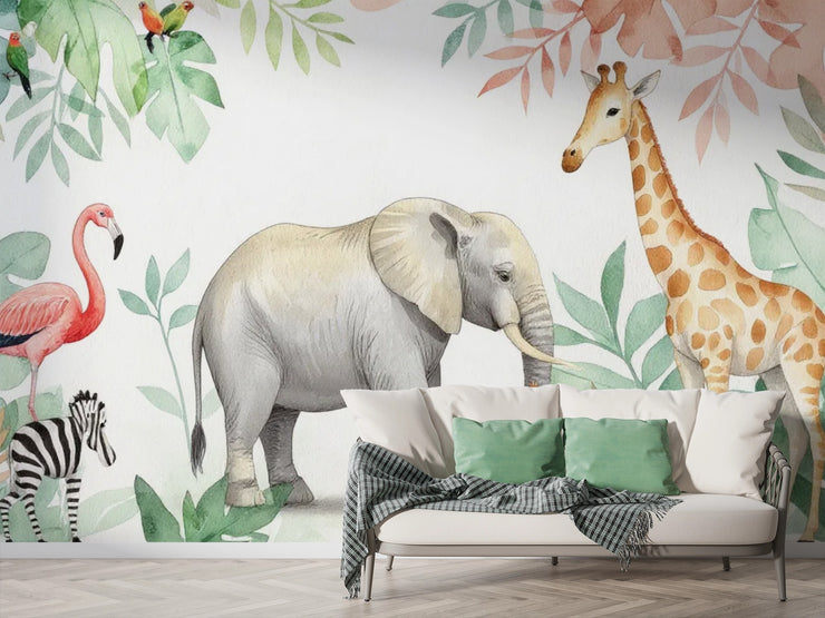 Safari Animals Nursery Wall Mural - Cute Jungle Friends Wallpaper for Kids Room - Wallmotif.com