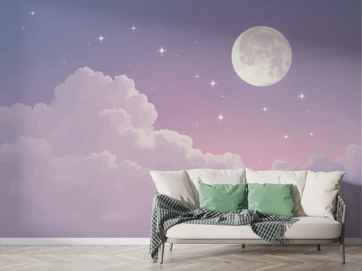Dreamy Moon Stars Wall Mural Celestial Cloud Wallpaper Purple Sky Decor - Wallmotif.com