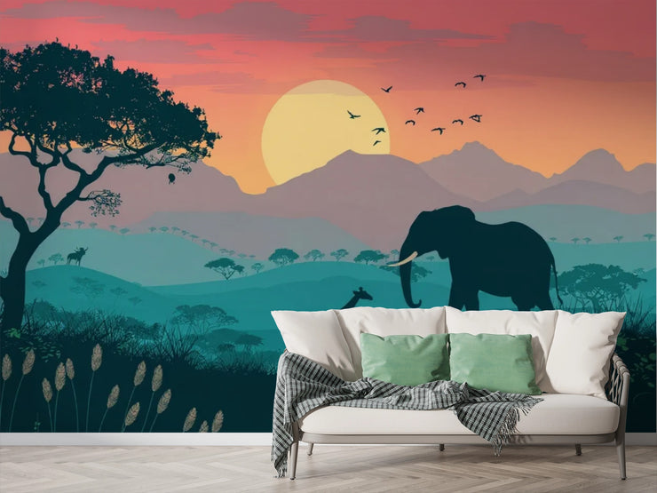 Savanna Sunset Wall Mural. Safari Elephant Wallpaper. African Landscape Peel and Stick - Wallmotif.com