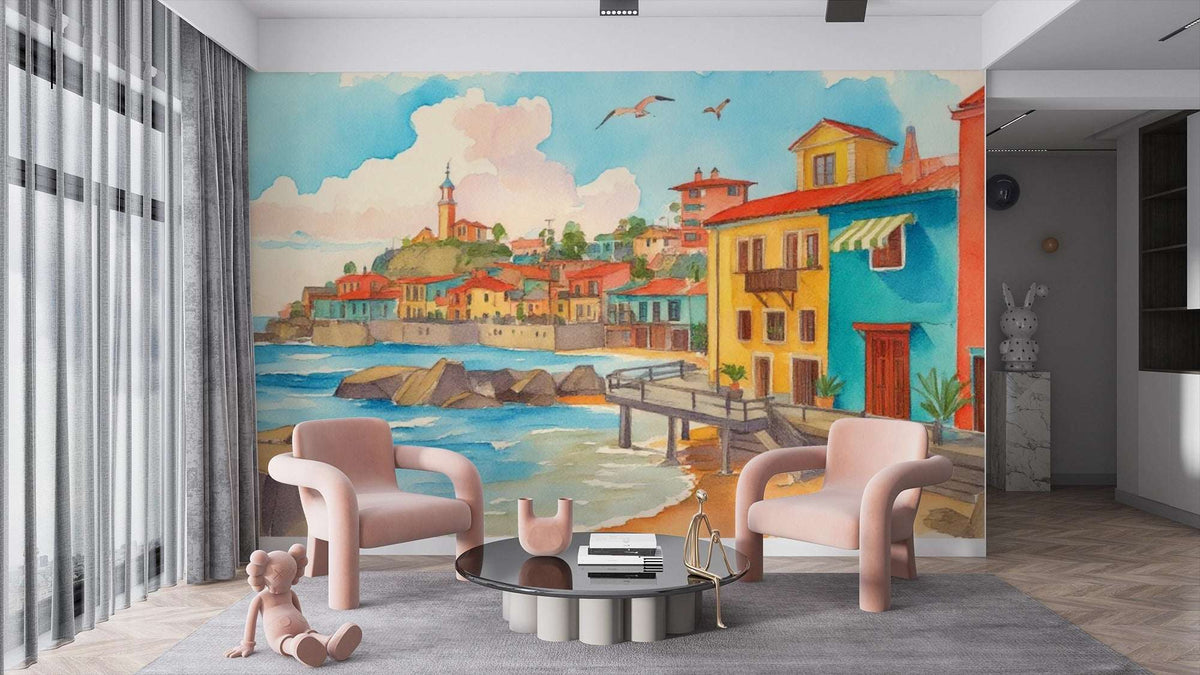 Vibrant Mediterranean Coastal Town Watercolor Mural Wallpaper