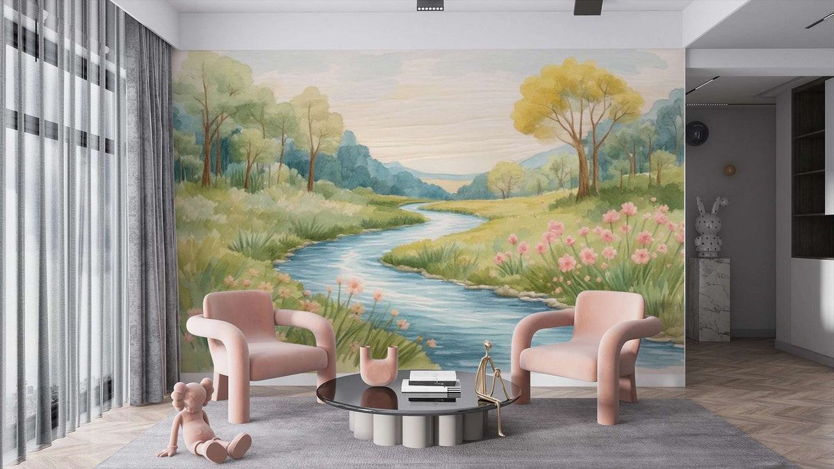 Watercolor River Valley Mural Wallpaper - Meadow Landscape
