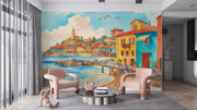 Vibrant Mediterranean Coastal Town Watercolor Mural Wallpaper - Wallmotif.com