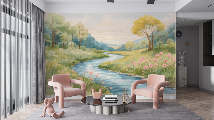 Watercolor River Valley Mural Wallpaper - Meadow Landscape - Wallmotif.com