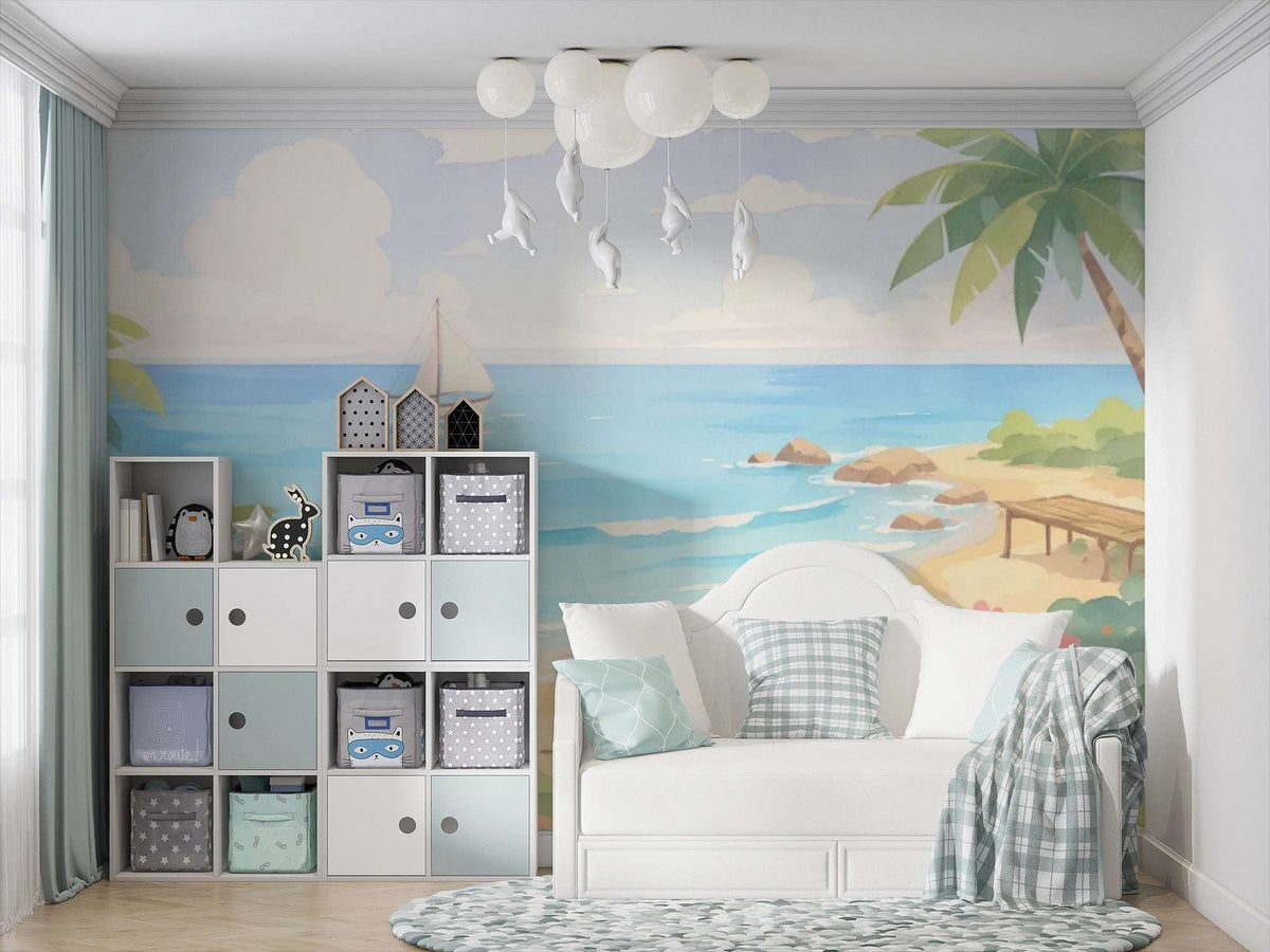 Watercolor Beach & Ocean Wall Mural for Kids Room - Dreamy Seascape Nursery Wallpaper