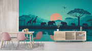 African Savanna Sunset Wall Mural Safari Animals Wallpaper - Wallmotif.com
