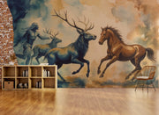 Mythical Stag & Horse Watercolor Wall Mural - Enchanting Forest Spirit Accent Wall Decor - Wallmotif.com
