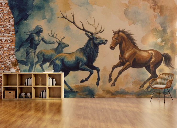 Mythical Stag & Horse Watercolor Wall Mural - Enchanting Forest Spirit Accent Wall Decor - Wallmotif.com
