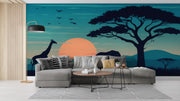 Twilight African Safari Wallpaper Mural - Sunset Giraffe Elephant Wall Art - Wallmotif.com