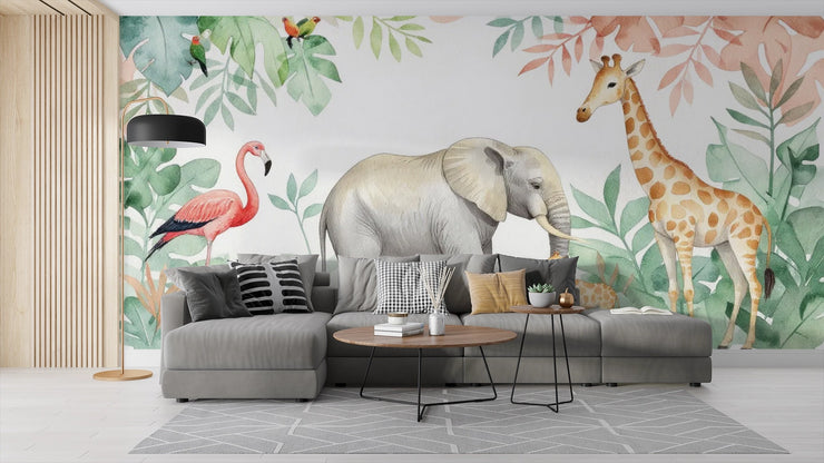 Safari Animals Nursery Wall Mural - Cute Jungle Friends Wallpaper for Kids Room - Wallmotif.com