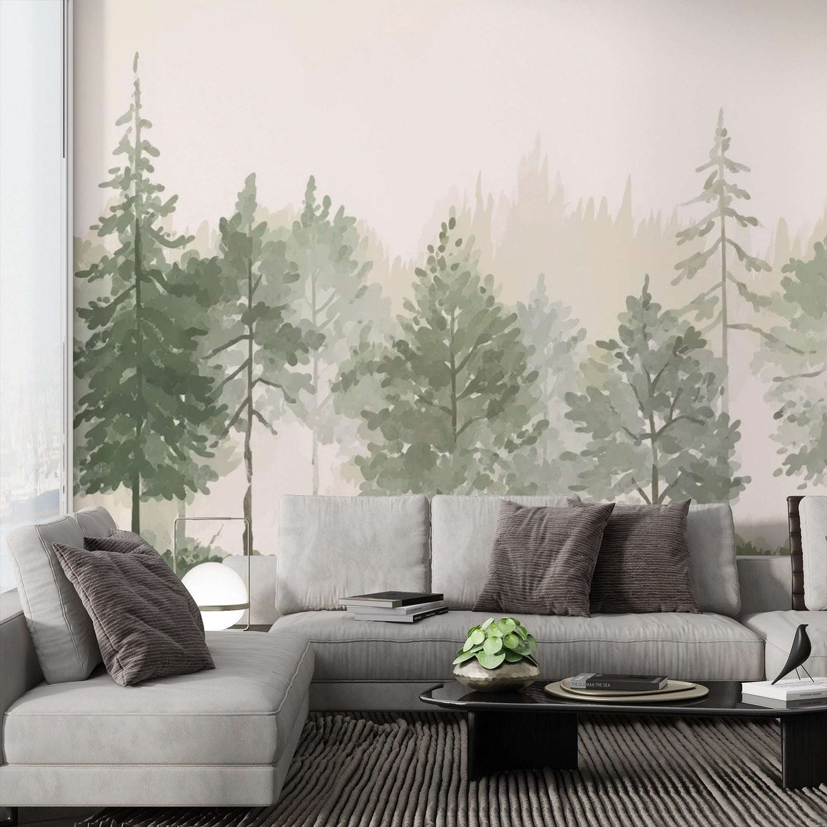 Watercolor Forest Mural Wallpaper - Pine Tree Landscape