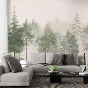 Watercolor Forest Mural Wallpaper - Pine Tree Landscape - Wallmotif.com