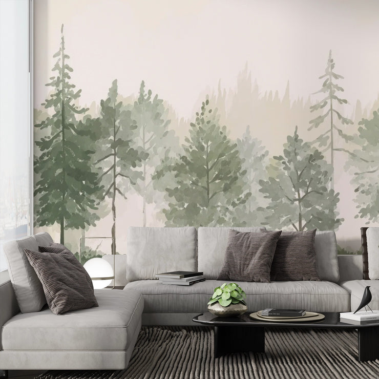 Watercolor Forest Mural Wallpaper - Pine Tree Landscape - Wallmotif.com