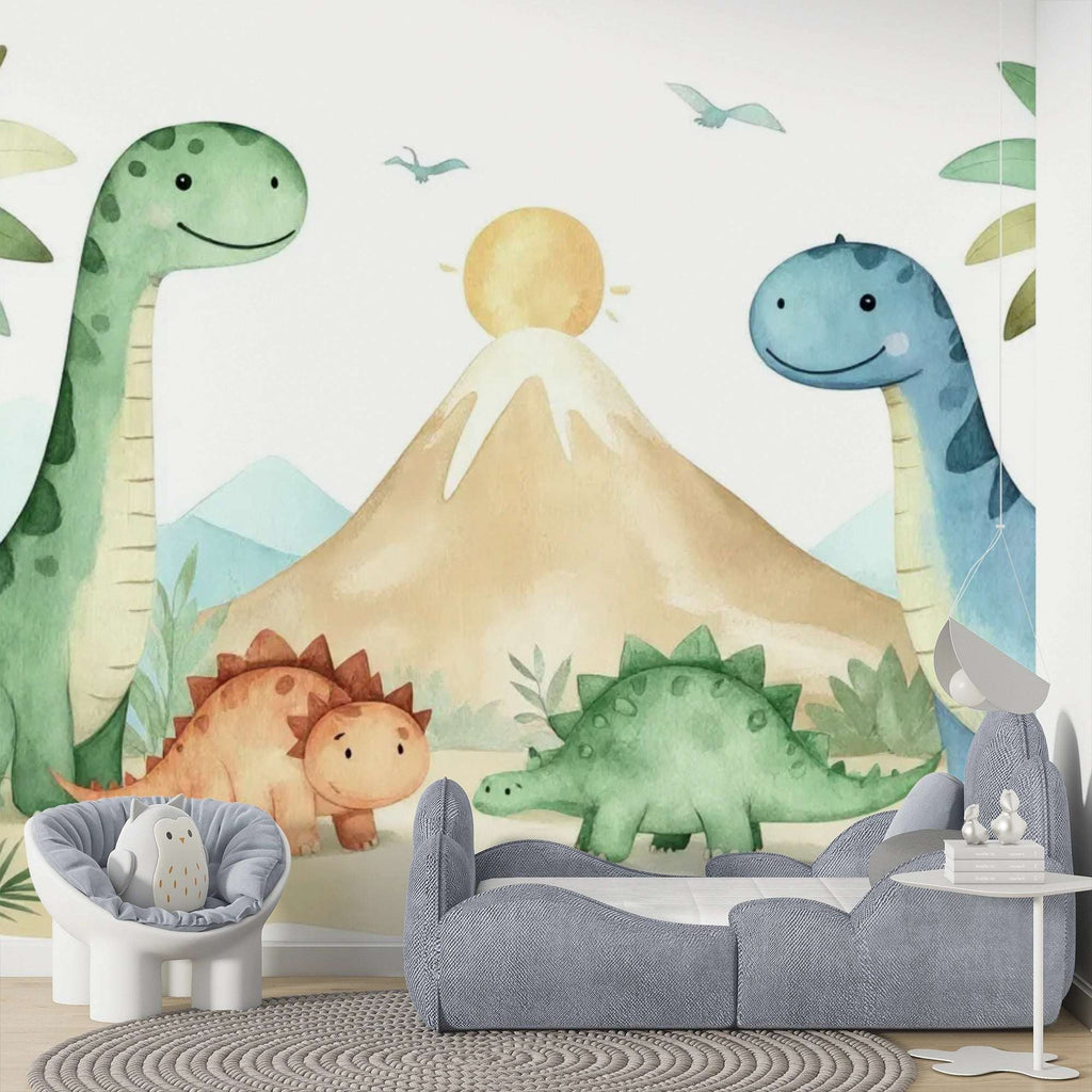 Watercolor Dinosaur Nursery Wallpaper - Friendly Dino Land Wallpaper