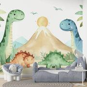 Watercolor Dinosaur Nursery Wallpaper - Friendly Dino Land Wallpaper - Wallmotif.com