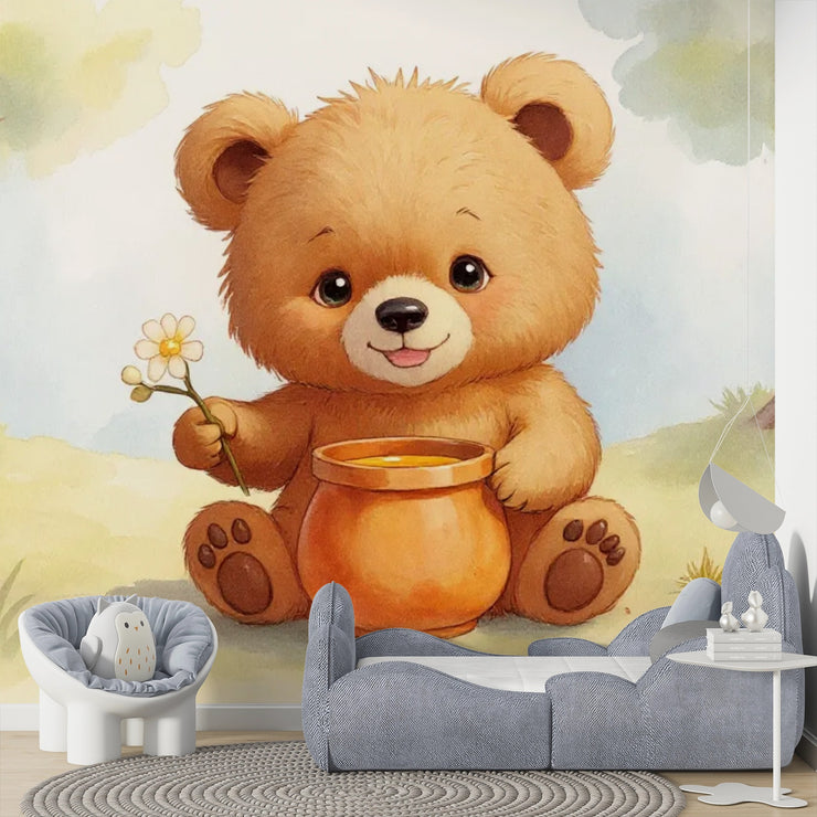 Cute Teddy Bear with Honey Pot Wall Mural - Sweet Teddy Bear Nursery Wallpaper - Wallmotif.com