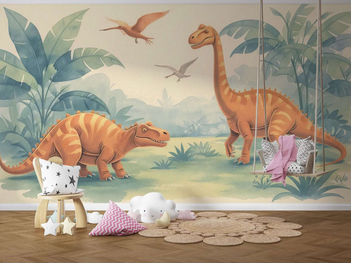 Playful Dinosaur Wall Mural - Dino Friends Nursery Wallpaper