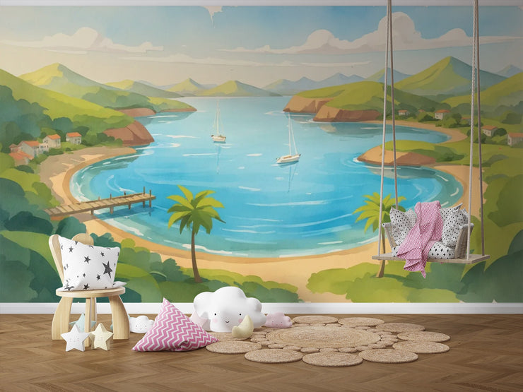 Coastal Escape Wall Mural for Kids - Sunny Bay Watercolor Mural Wallpaper - Wallmotif.com