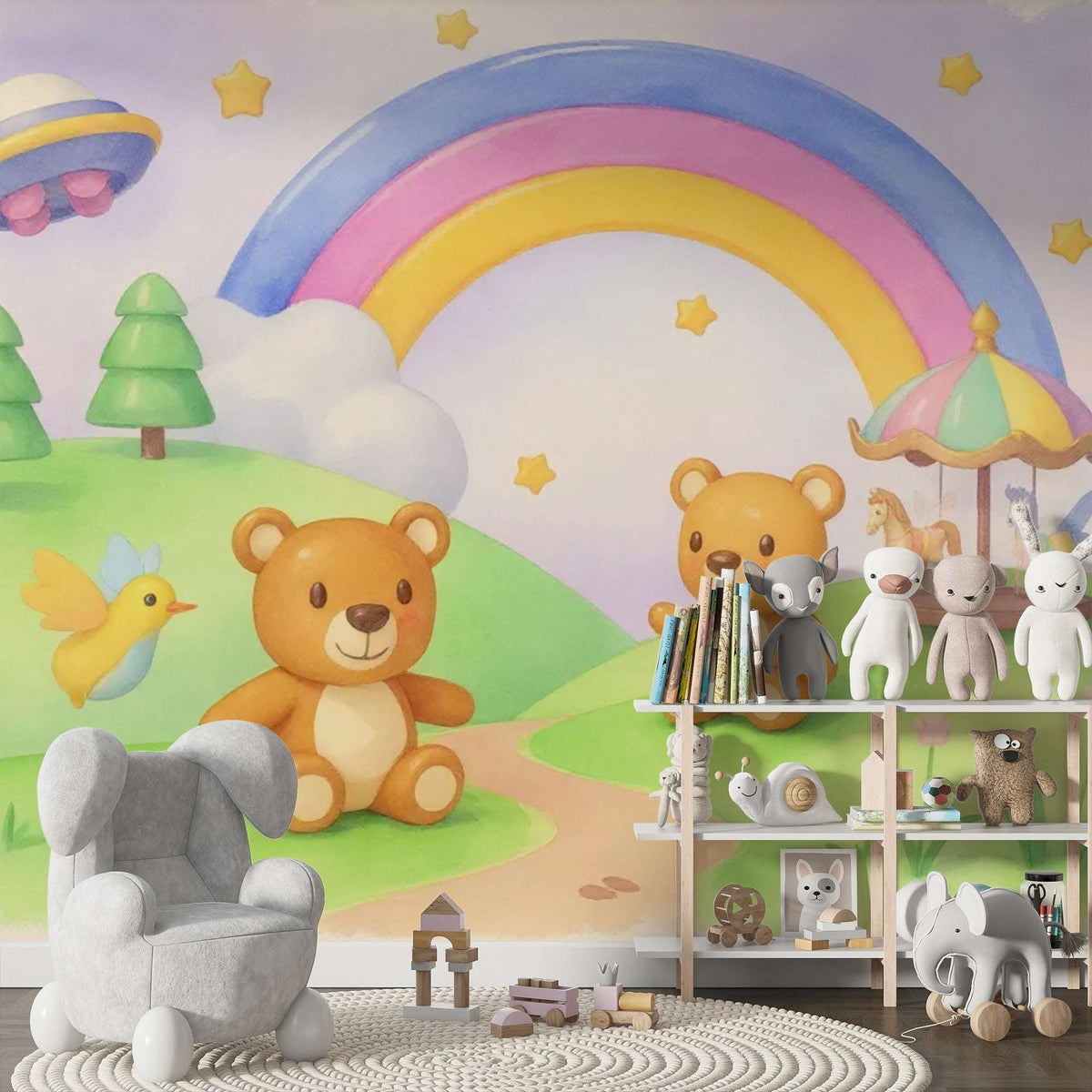Teddy Bear Adventure Wall Mural - Peel and Stick Wallpaper for Nursery & Kids Room Decor