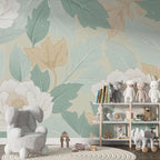 Pastel Floral Wall Mural – Botanical Leaves and Flowers Peel and Stick Wallpaper