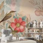 Watercolor Bird Floral Wallpaper, Nursery Mural, Removable Self-Adhesive Wall Decal