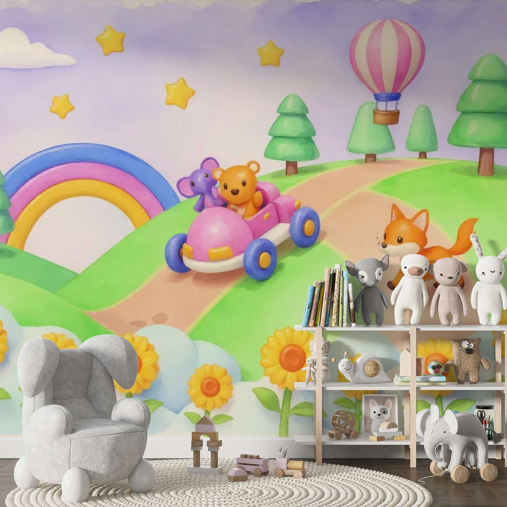 Playful Animal Road Trip Wall Mural - Peel and Stick Wallpaper for Nursery & Kids Room