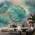Tropical Leaves Watercolor Mural Wallpaper - Jungle Oasis Botanical Wallpaper