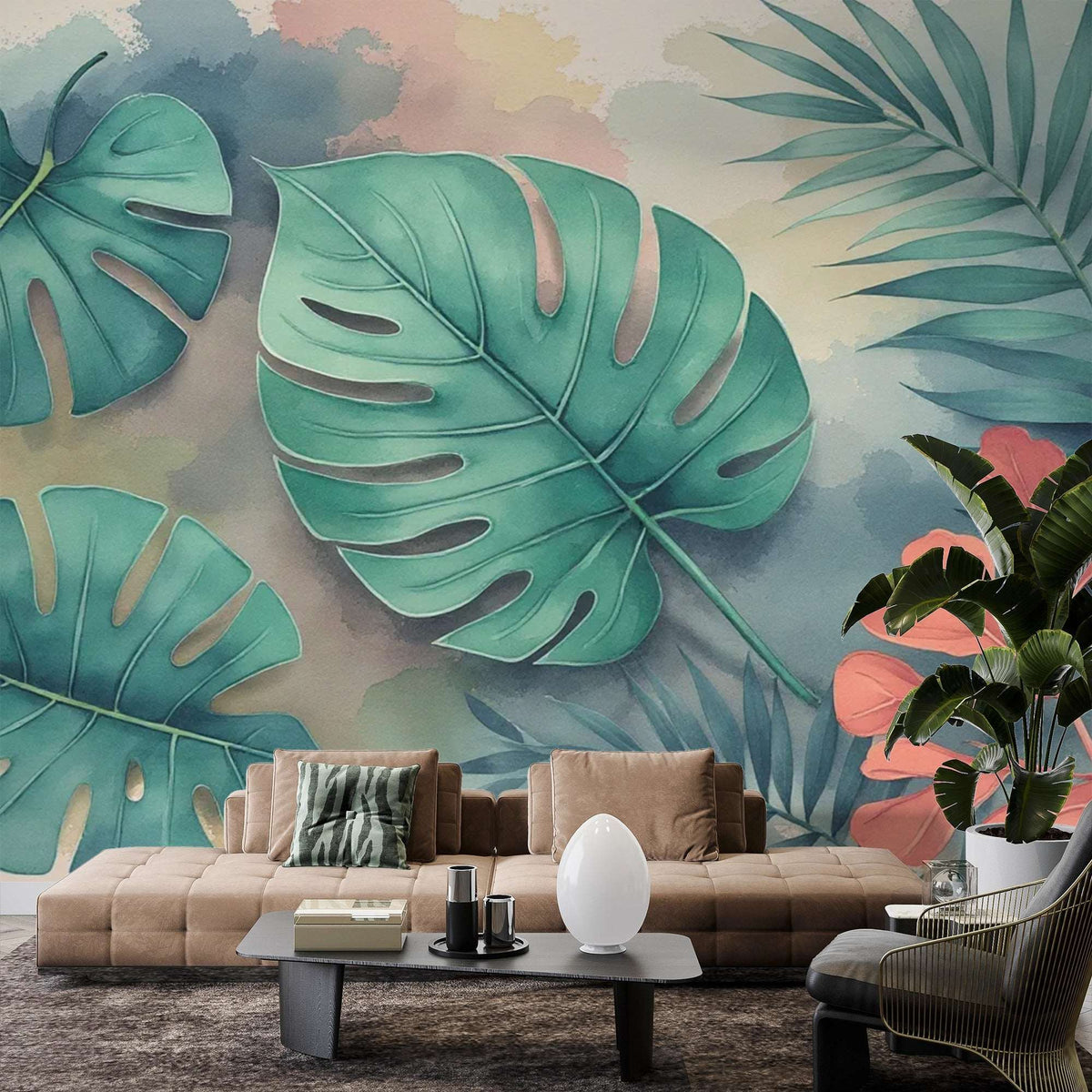 Tropical Leaves Watercolor Mural Wallpaper - Jungle Oasis Botanical Wallpaper