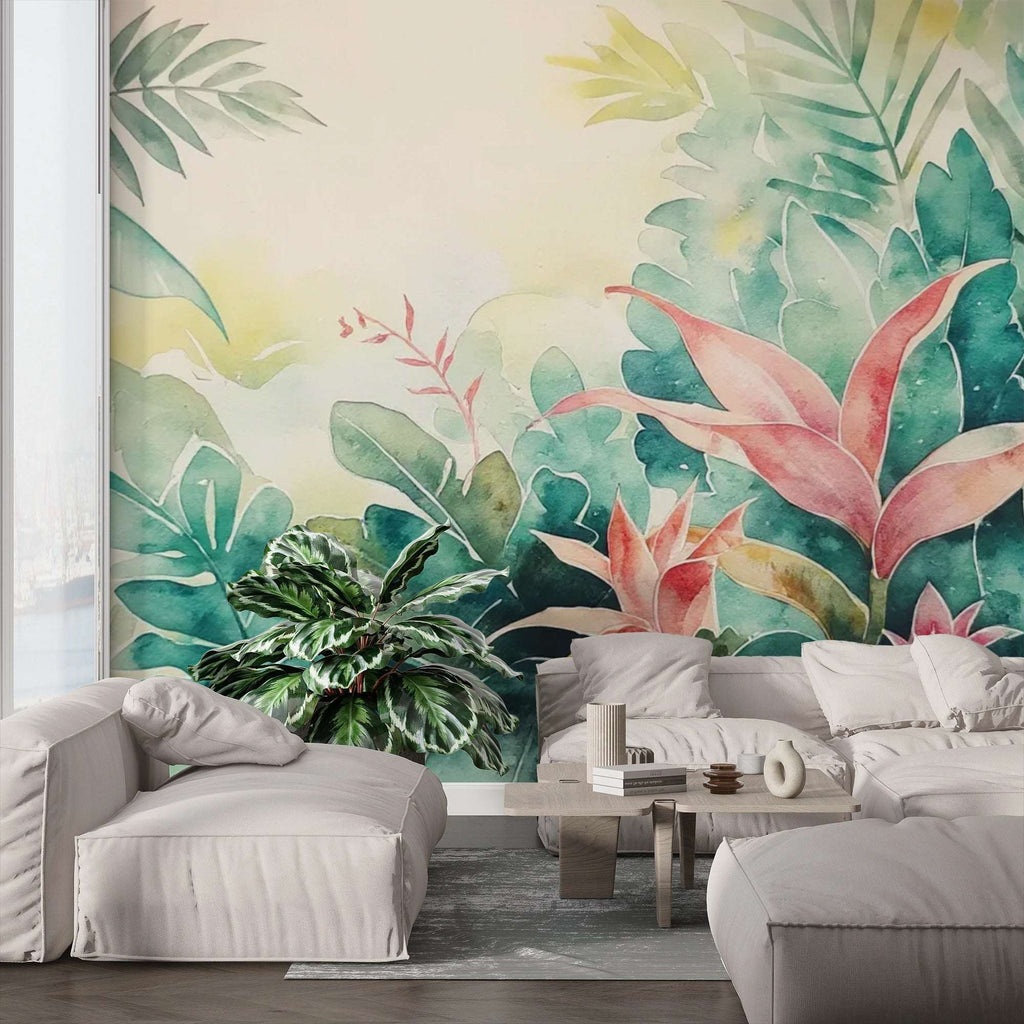 Tropical Watercolor Jungle Wall Mural - Floral & Leaf Wallpaper