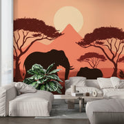 African Sunset Elephant Mural Wallpaper - Safari Wall Decor for Living Room - Wallmotif.com