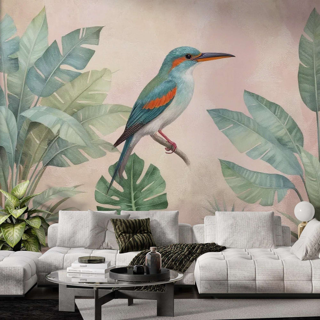 Tropical Bird and Leaf Wall Mural - Vibrant Home Decor