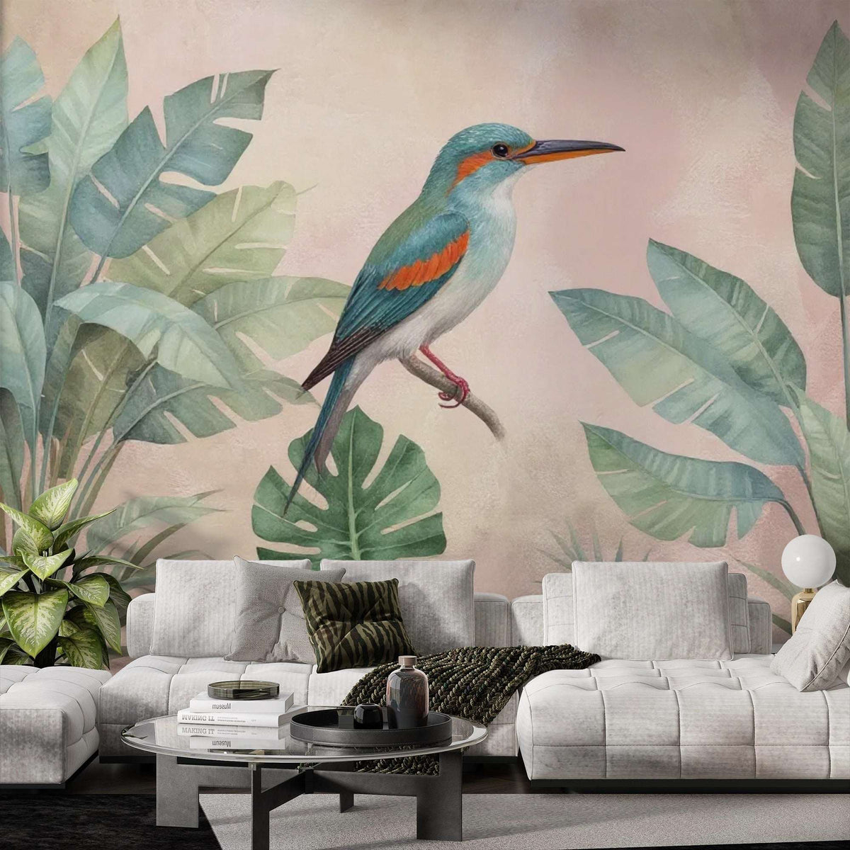 Tropical Bird and Leaf Wall Mural - Vibrant Home Decor